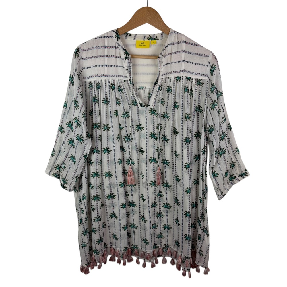 Roller Rabbit Palm Tree Print Tassel Tunic Small Cover Up Sheer Beachy Resort
